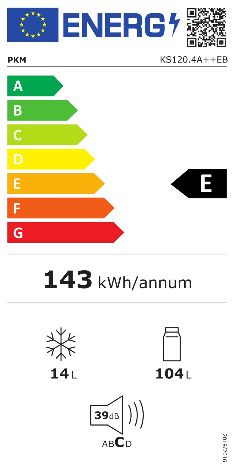 EU-Energielabel für PKM KS120.4A++EB, Energieeffizienzklasse E, 143 kWh/Jahr, Nutzinhalt 104 l Kühlteil und 14 l Gefrierteil, Geräusch 39 dB (Klasse C), Frontalansicht
