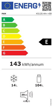 EU-Energielabel für PKM KS120.4A++EB, Energieeffizienzklasse E, 143 kWh/Jahr, Nutzinhalt 104 l Kühlteil und 14 l Gefrierteil, Geräusch 39 dB (Klasse C), Frontalansicht
