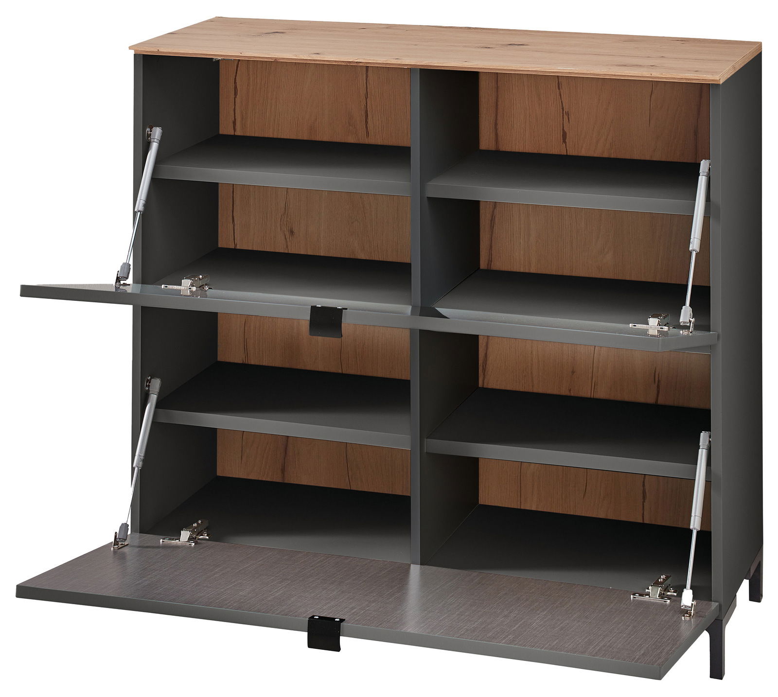 Offener Hänge-Schuhschrank in breiter Ausführung mit mehreren Fächern, aus Holz und Metall, Frontansicht