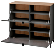 Offener Hänge-Schuhschrank in breiter Ausführung mit mehreren Fächern, aus Holz und Metall, Frontansicht