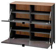 Offener Hänge-Schuhschrank in breiter Ausführung mit mehreren Fächern, aus Holz und Metall, Frontansicht