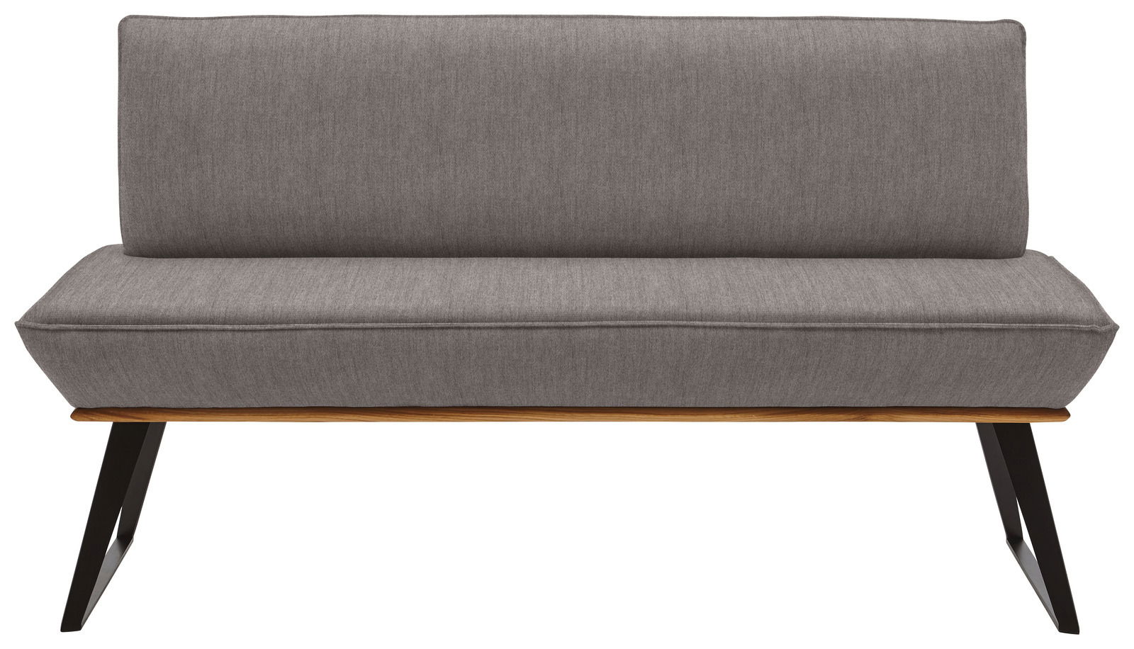 Graue Bank mit Stoffbezug und Holzdetails, Vorderansicht