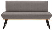 Graue Bank mit Stoffbezug und Holzdetails, Vorderansicht