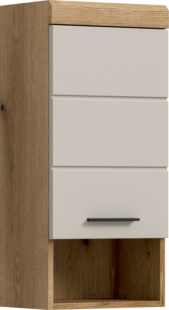 Moderner Hängeschrank in Holzoptik mit drei weißen Fronten und schwarzem Griff, Detailansicht von vorne leicht seitlich (linke Seite sichtbar)