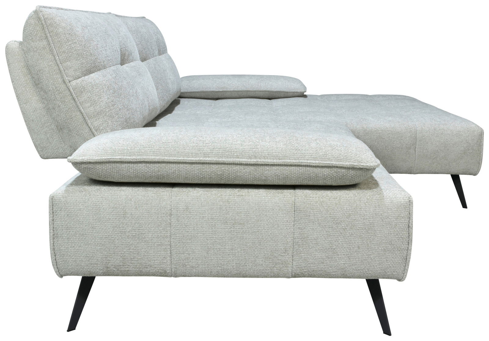 Seitenansicht einer grauen Longchairkombination mit modernen, schwarzen Beinen und gepolsterten Kissen.
