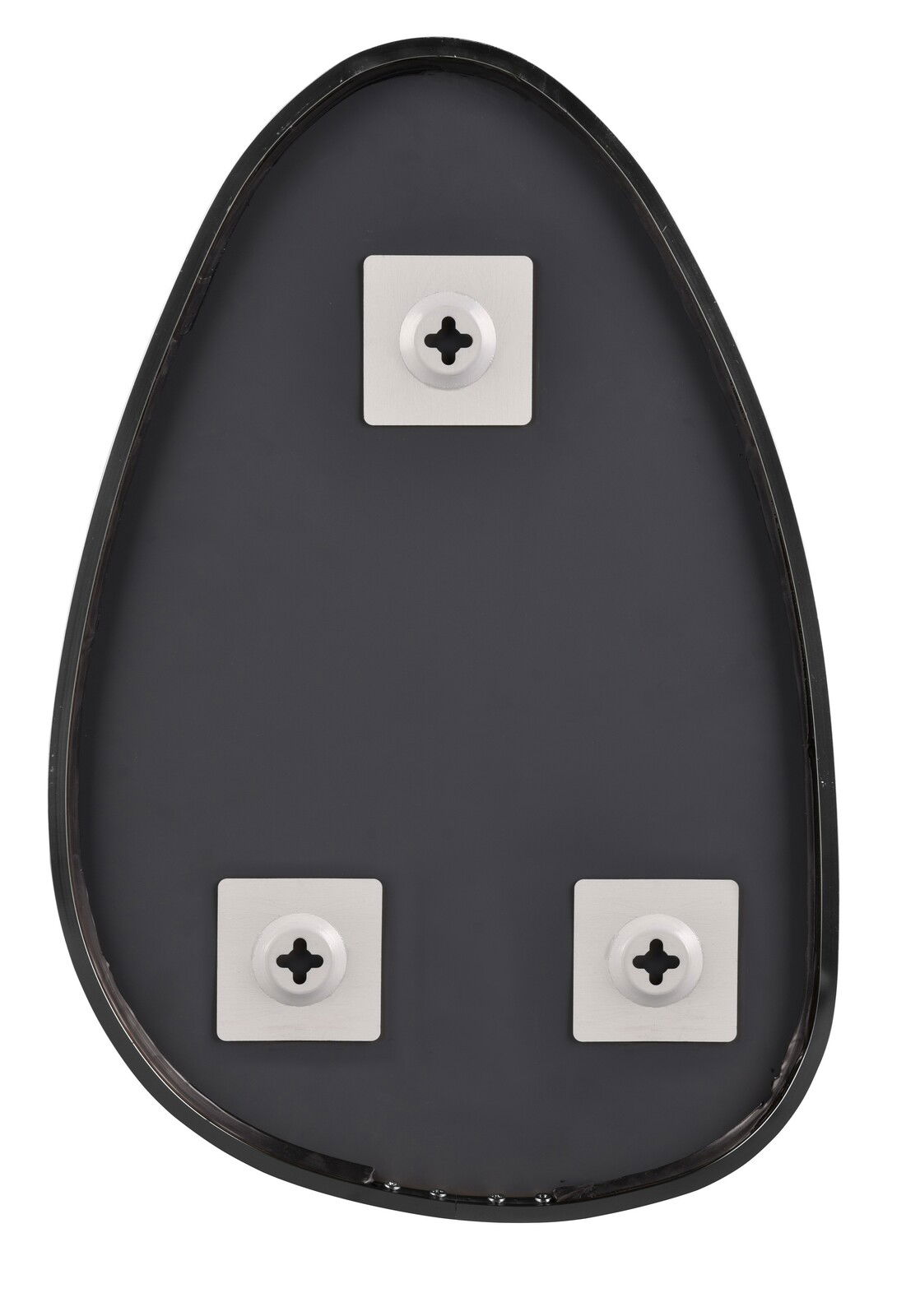 Rückansicht eines tropfenförmigen Spiegels mit drei Befestigungspunkten.