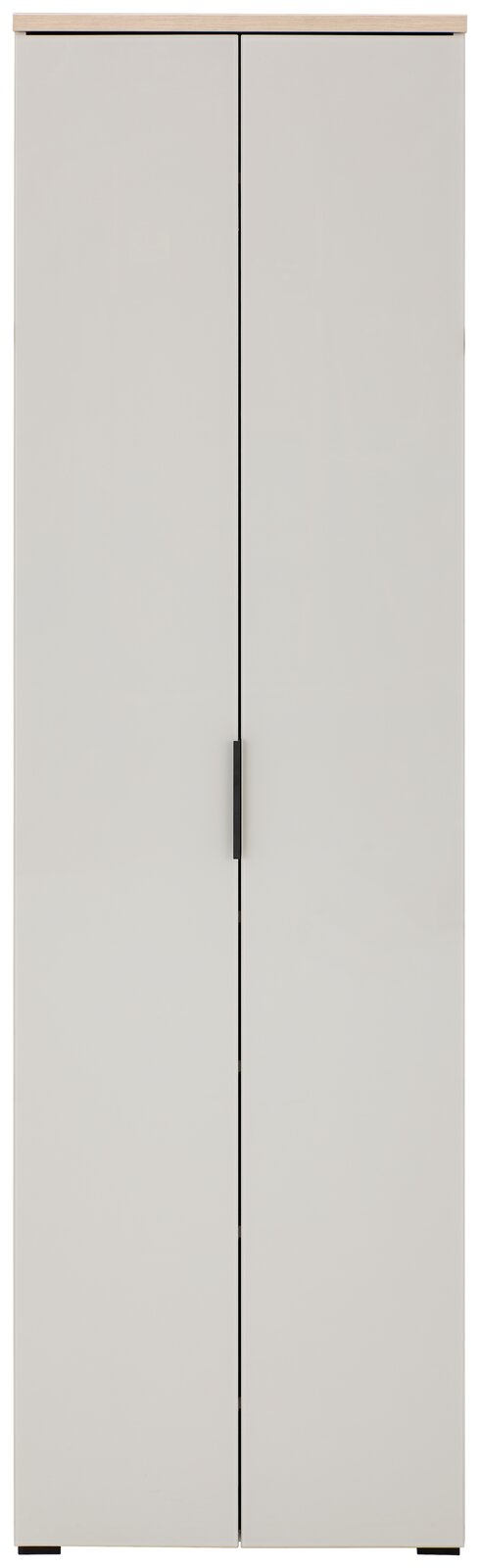 Moderner weißer Garderobenschrank mit zwei Türen und schwarzem Griff, Frontalansicht