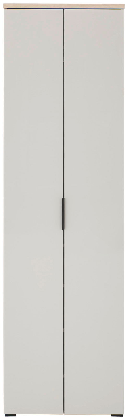 Moderner weißer Garderobenschrank mit zwei Türen und schwarzem Griff, Frontalansicht