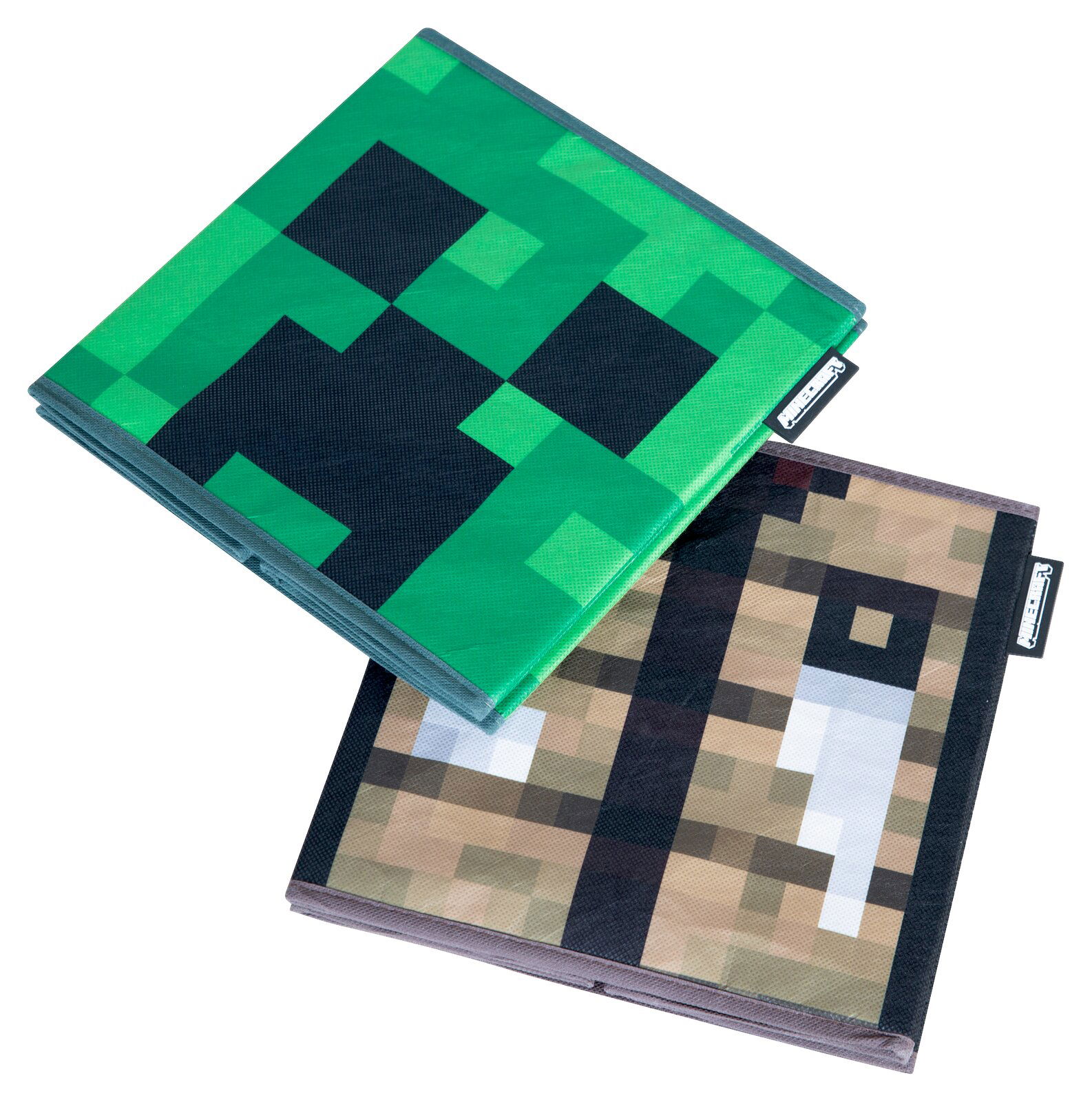 Zwei gefaltete Minecraft-Handtücher mit Pixel-Design (grünes Creeper-Gesicht und braunes Motiv) in schräger Draufsicht auf weißem Hintergrund