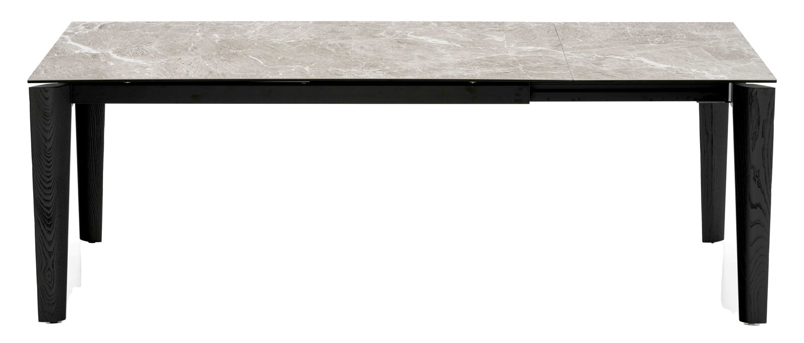 Moderner Esstisch mit marmorierter Tischplatte und schwarzen Beinen, Frontalansicht