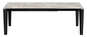 Moderner Esstisch mit marmorierter Tischplatte und schwarzen Beinen, Frontalansicht