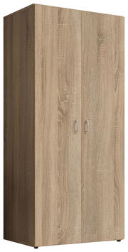 Zweiflügeliger Drehtürenschrank aus Holz in Eichenoptik, schräg von vorne betrachtet.