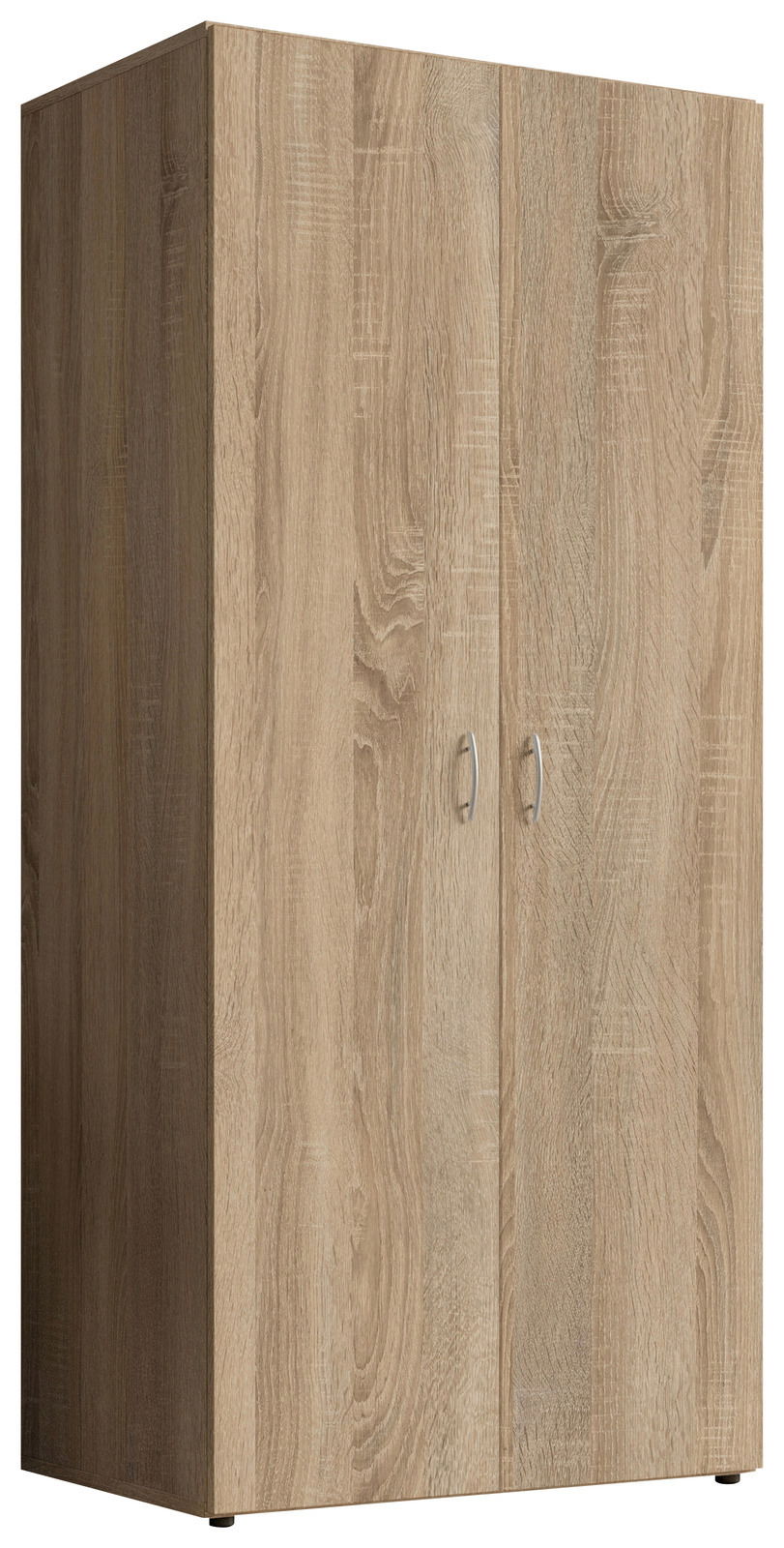 Zweiflügeliger Drehtürenschrank aus Holz in Eichenoptik, schräg von vorne betrachtet.