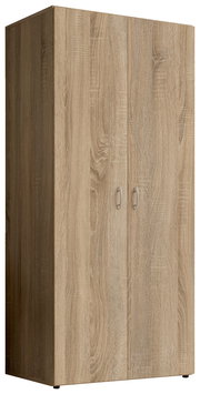 Zweiflügeliger Drehtürenschrank aus Holz in Eichenoptik, schräg von vorne betrachtet.