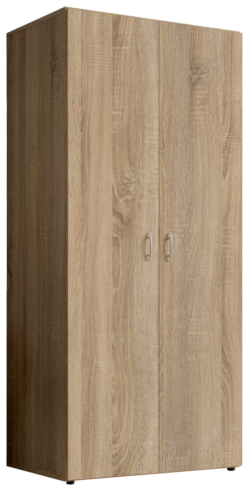 Zweiflügeliger Drehtürenschrank aus Holz in Eichenoptik, schräg von vorne betrachtet.