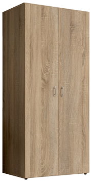 Zweiflügeliger Drehtürenschrank aus Holz in Eichenoptik, schräg von vorne betrachtet.
