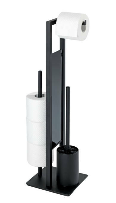 Schwarze Stand WC-Garnitur Rivalta mit Toilettenpapierhalter und Bürste, seitliche Perspektive