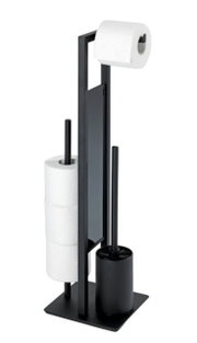 Schwarze Stand WC-Garnitur Rivalta mit Toilettenpapierhalter und Bürste, seitliche Perspektive