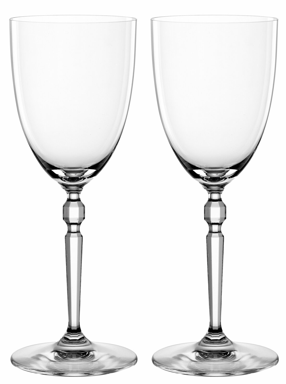 Nachtmann Weinglas 2er-Set HERITAGE Zwei transparente Weingläser mit langem, facettiertem Stiel vor weißem Hintergrund, Frontalansicht