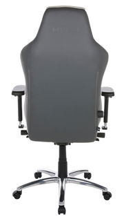 Rückansicht eines grauen Gaming-Stuhls mit verstellbaren Armlehnen und einem stabilen Metallfuß mit Rollen.