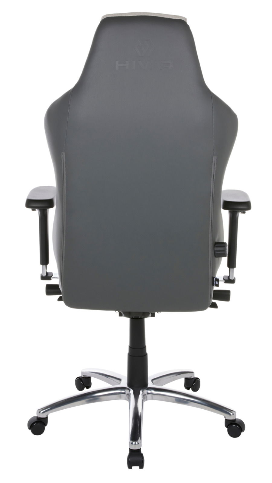 Rückansicht eines grauen Gaming-Stuhls mit verstellbaren Armlehnen und einem stabilen Metallfuß mit Rollen.