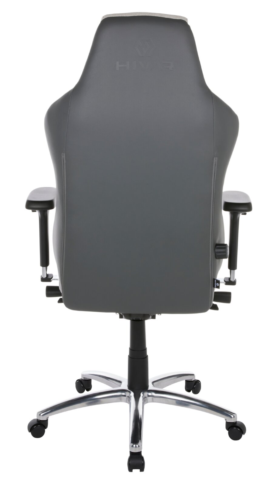 Rückansicht eines grauen Gaming-Stuhls mit verstellbaren Armlehnen und einem stabilen Metallfuß mit Rollen.