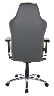 Rückansicht eines grauen Gaming-Stuhls mit verstellbaren Armlehnen und einem stabilen Metallfuß mit Rollen.