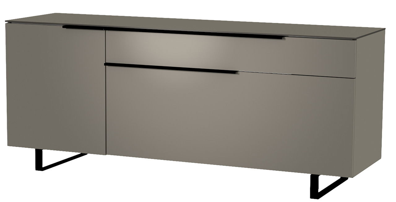 Moderano TV-Lowboard Serie BORMIO in seitlicher Perspektive, modernes Design mit glatter Oberfläche und schwarzen Griffen.