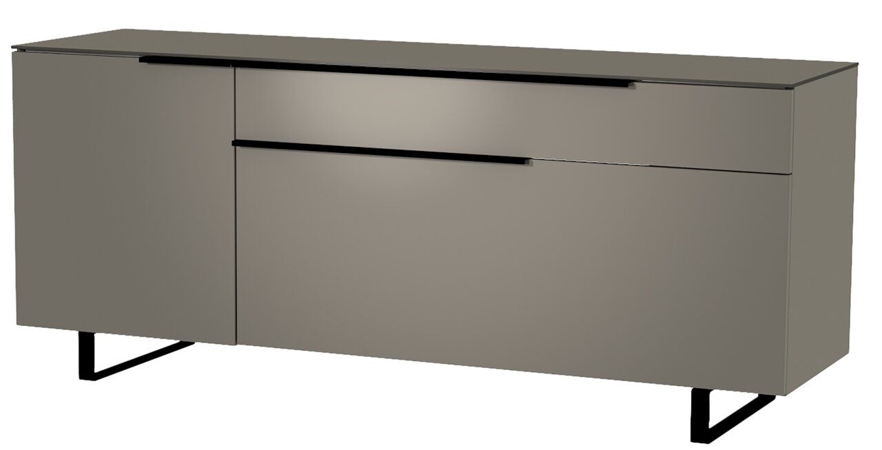 Moderano TV-Lowboard Serie BORMIO in seitlicher Perspektive, modernes Design mit glatter Oberfläche und schwarzen Griffen.