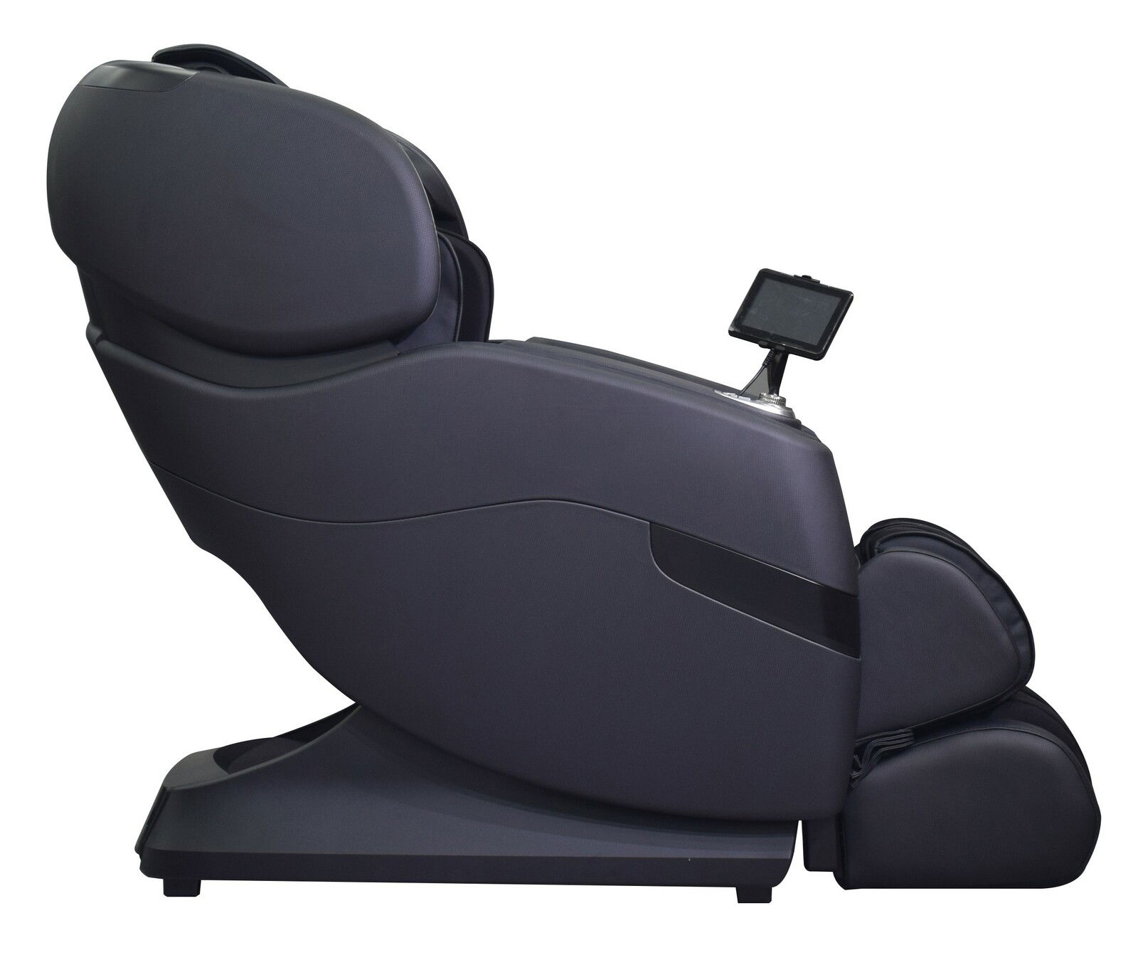 Seitliche Ansicht eines modernen, schwarzen Massagesessels mit integriertem Bildschirm.