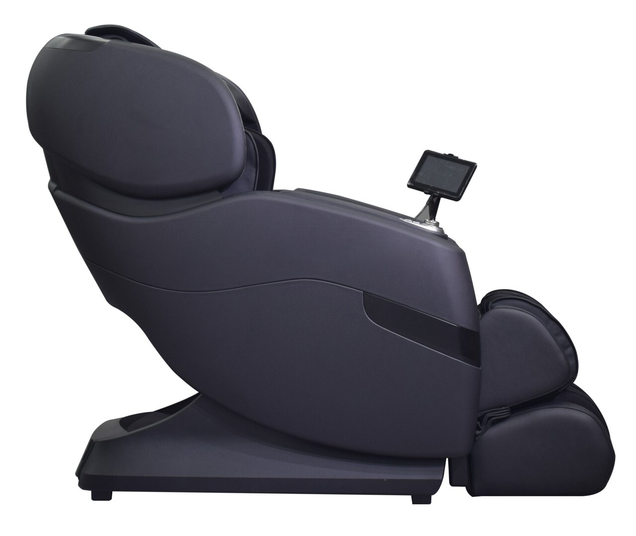 Zijaanzicht van een moderne, zwarte massagestoel met ingebouwd scherm.