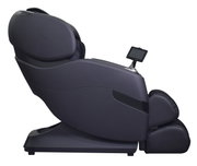 Zijaanzicht van een moderne, zwarte massagestoel met ingebouwd scherm.