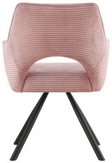 Rosa Armlehnstuhl mit geripptem Stoffbezug, Rückansicht, auf schwarzen Metallbeinen.