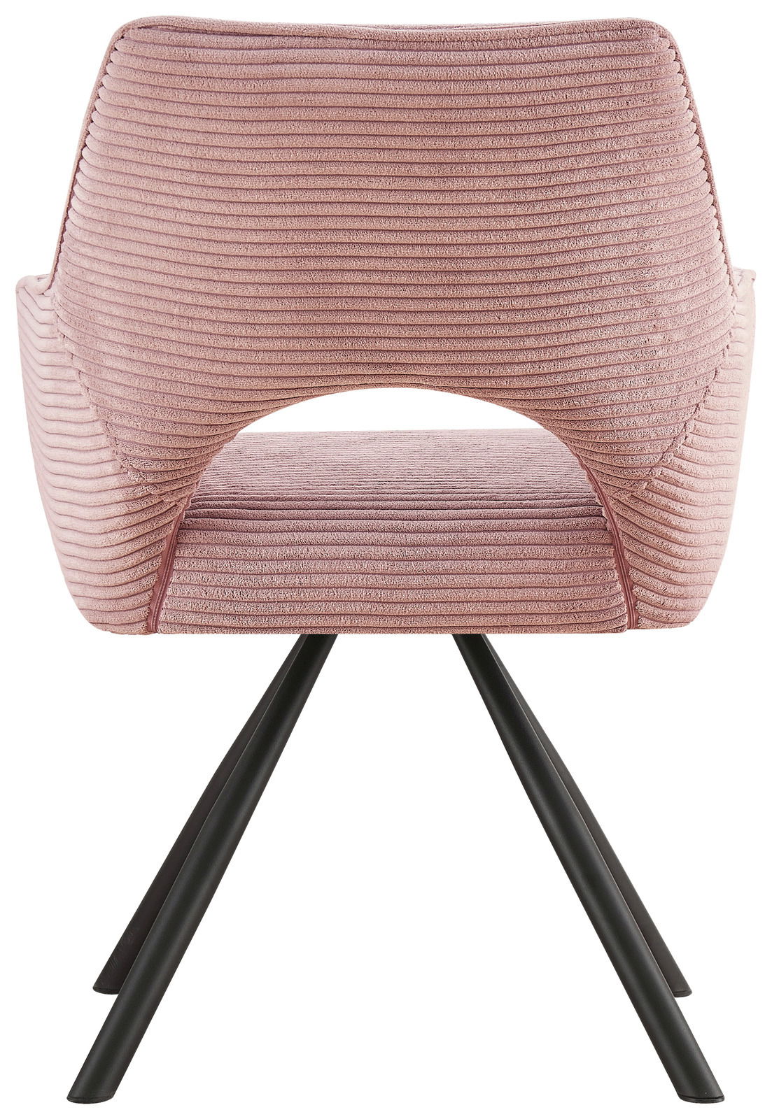 Rosa Armlehnstuhl mit geripptem Stoffbezug, Rückansicht, auf schwarzen Metallbeinen.