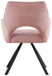 Rosa Armlehnstuhl mit geripptem Stoffbezug, Rückansicht, auf schwarzen Metallbeinen.