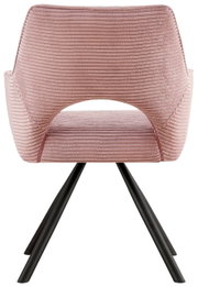 Roze fauteuil met geribbelde stoffen bekleding, achteraanzicht, op zwarte metalen poten.