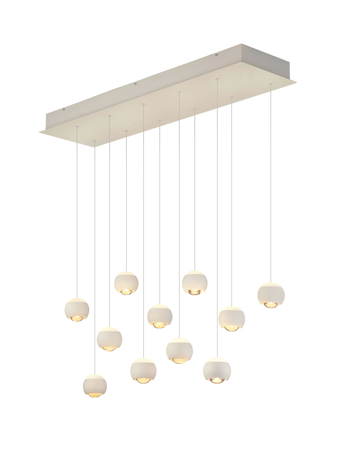 Musterring Pendelleuchte CANNON Moderne Pendelleuchte CANNON mit zehn kugelförmigen Lampen, hängend an dünnen Kabeln von einer rechteckigen Deckenplatte, seitliche Perspektive.
