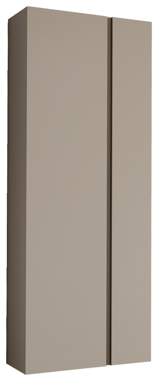 Beigefarbener, moderner Schrank mit zwei Türen, seitliche Perspektive