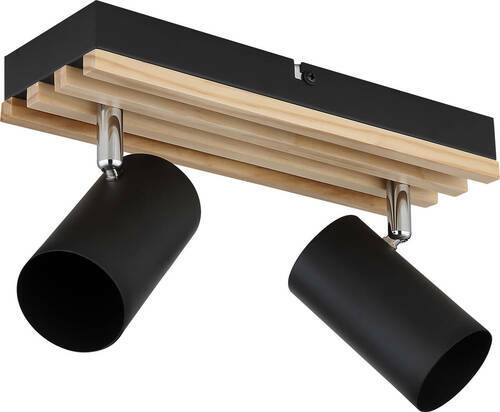Moderner Deckenstrahler mit zwei schwarzen zylindrischen Leuchten, Holz- und Metallelemente, seitliche Perspektive