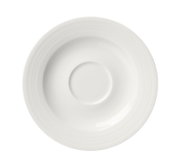 Runde weiße Untertasse mit glänzender Oberfläche und vertiefter Tassenaufnahme, aus der Draufsicht