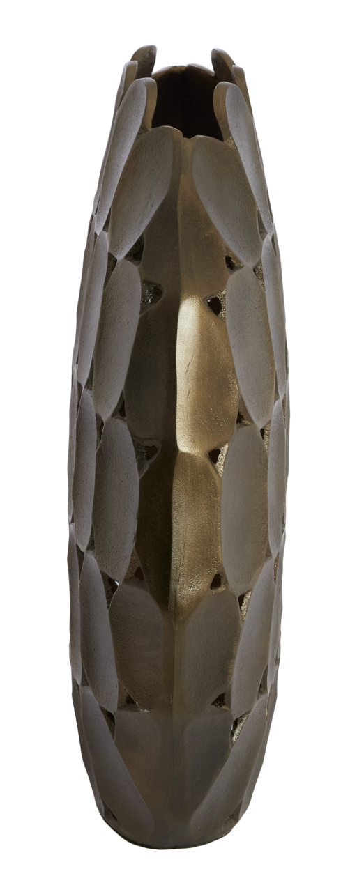 Vase mit strukturierter Oberfläche in goldener Farbe, frontal fotografiert.