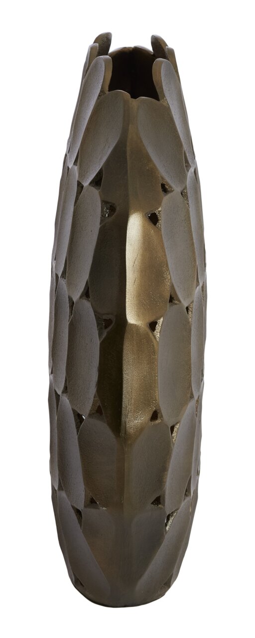 Vase mit strukturierter Oberfläche in goldener Farbe, frontal fotografiert.
