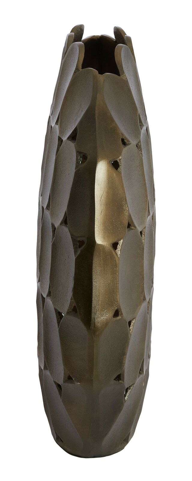 Vase mit strukturierter Oberfläche in goldener Farbe, frontal fotografiert.