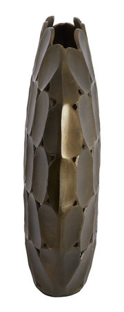 Vase mit strukturierter Oberfläche in goldener Farbe, frontal fotografiert.