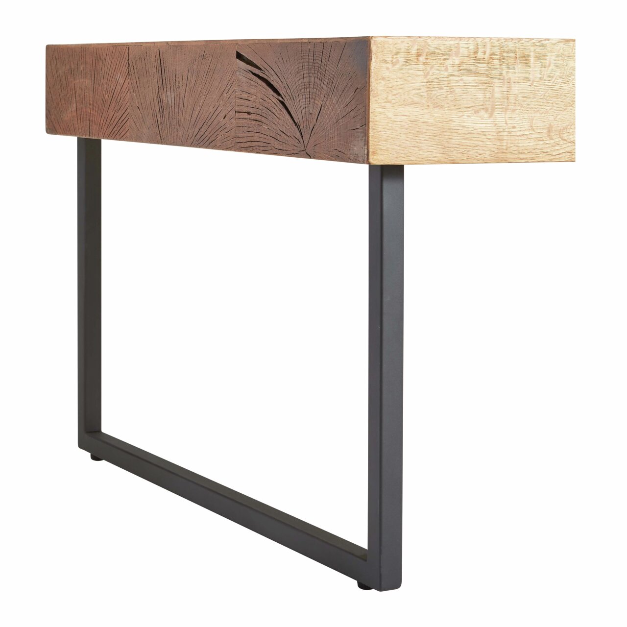 Moderner Couchtisch mit Holzplatte und Metallgestell, seitliche Perspektive