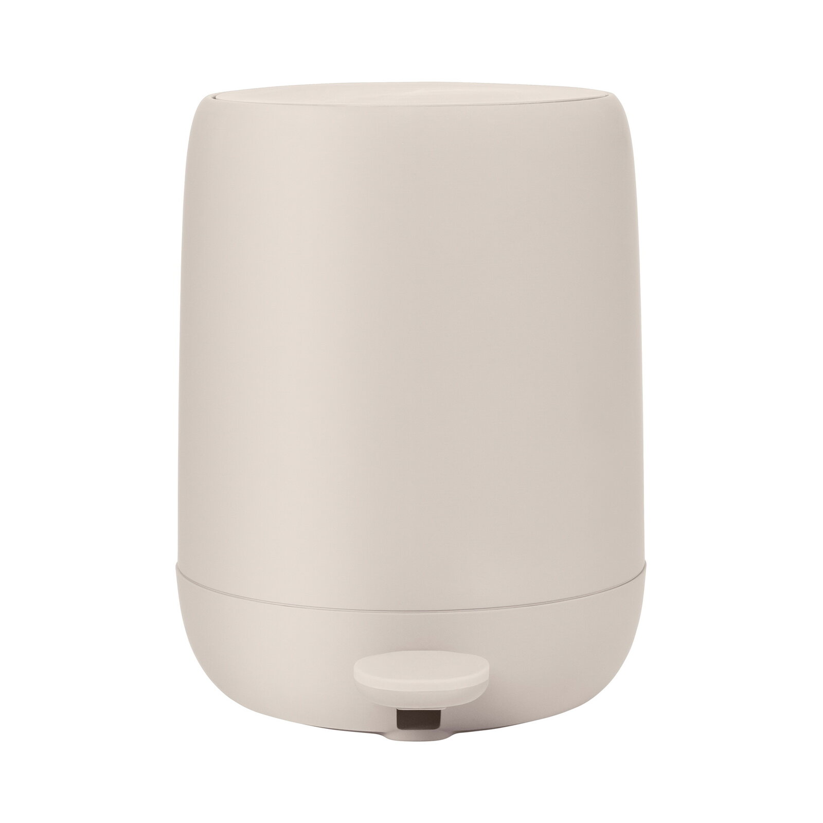 blomus Treteimer -SONO- Moonbeam Beiger Treteimer SONO Moonbeam, frontal fotografiert mit sichtbarem Pedal.