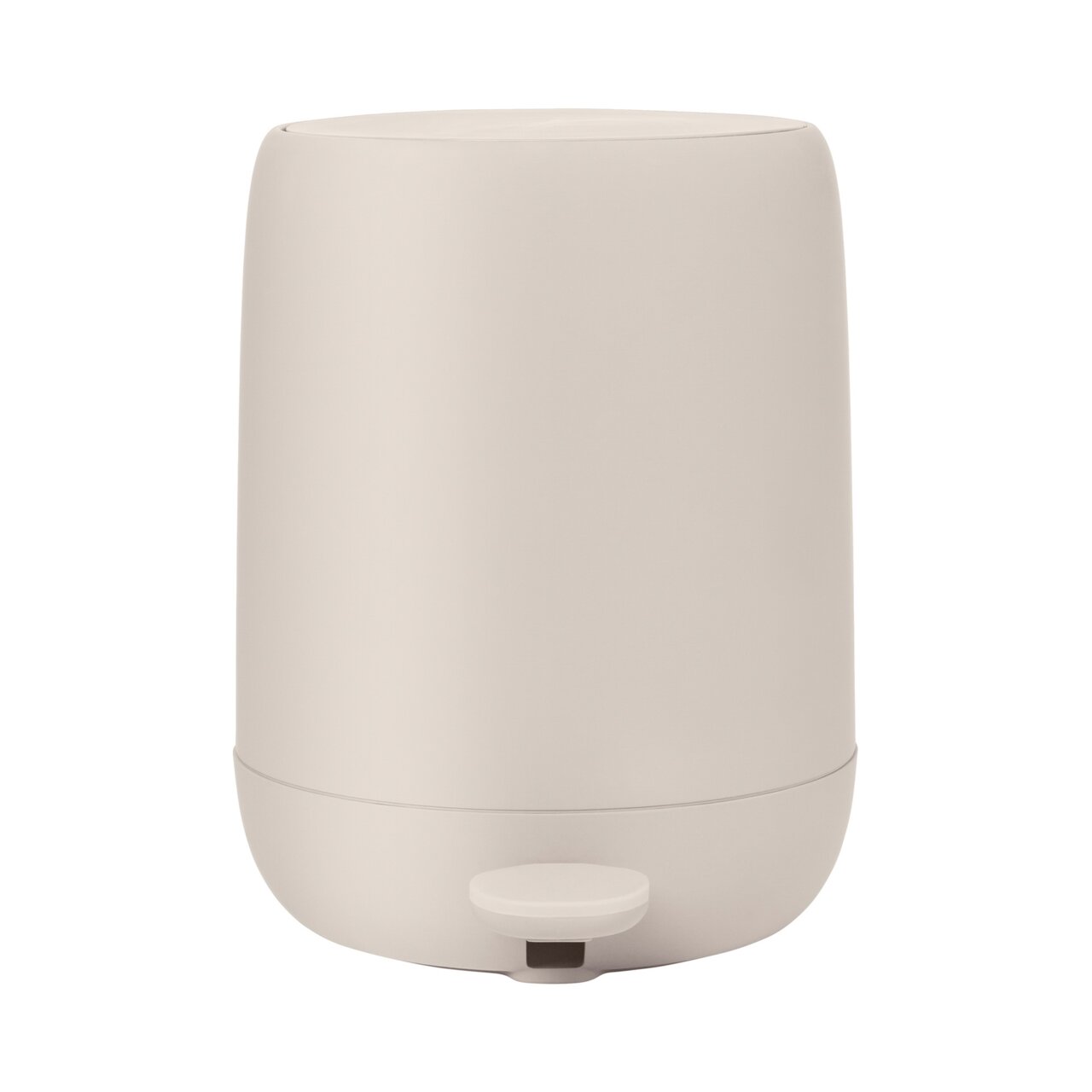 Beiger Treteimer SONO Moonbeam, frontal fotografiert mit sichtbarem Pedal.