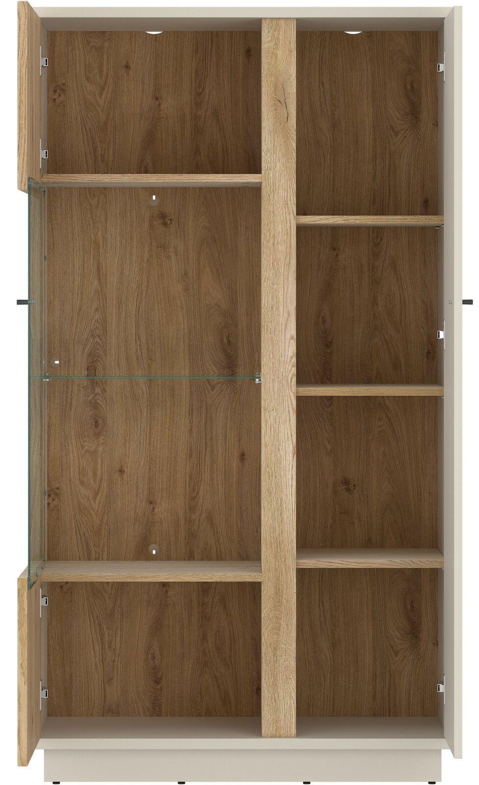 Offenes Highboard aus Holz mit mehreren Regalböden, frontale Ansicht