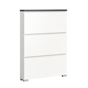 Moderner weißer Schuhschrank mit drei Klappen, seitliche Perspektive