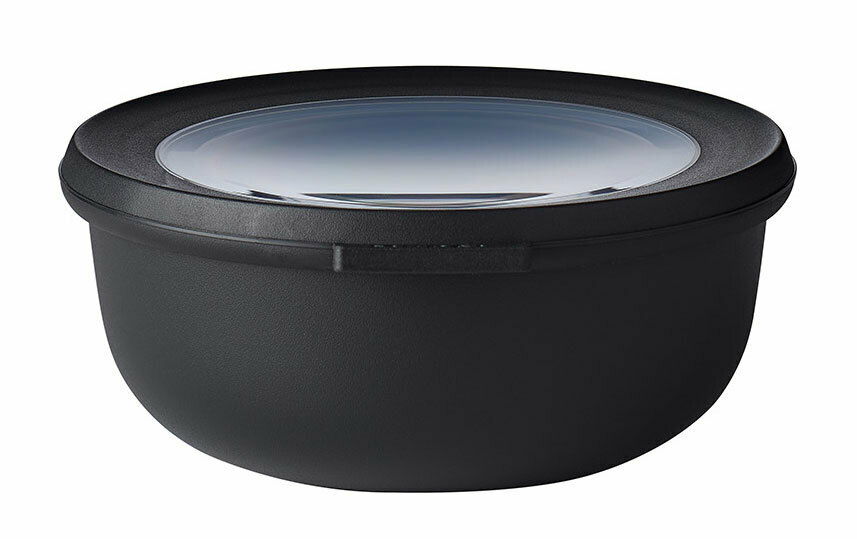 Schwarze Multischüssel Cirqula 750 ml mit transparentem Deckel, seitliche Perspektive